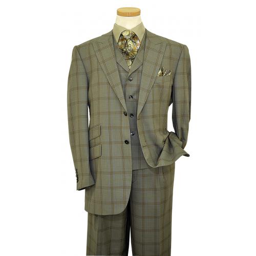 Steven Land Sage Green / Tan / Blue Plaid Design Super 150's Wool Suit SL1206